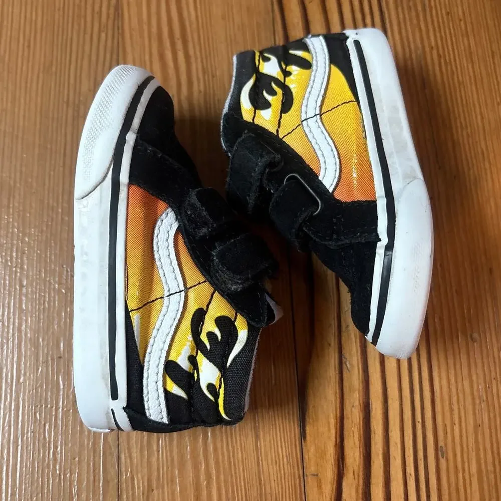 VANS black suede red orange flame high top velkro sneakers SIZE 5‎